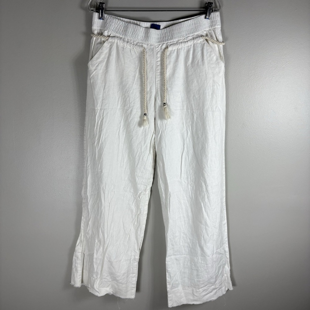 Democracy Women's Large White Linen Blend Drawstring‎ Wide Leg Raw Hem Pants